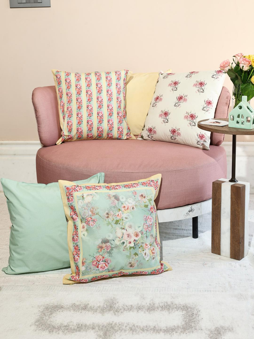 Crown of Poppies Set of 5 Multicoloured  Floral Printed Square Cushion Covers