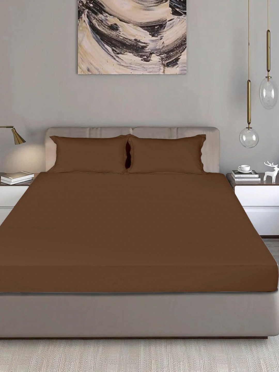 Bodycomfy Jersey Brown Pure Cotton 400 TC Fitted King Bedsheet Set 1.98m x 1.82m