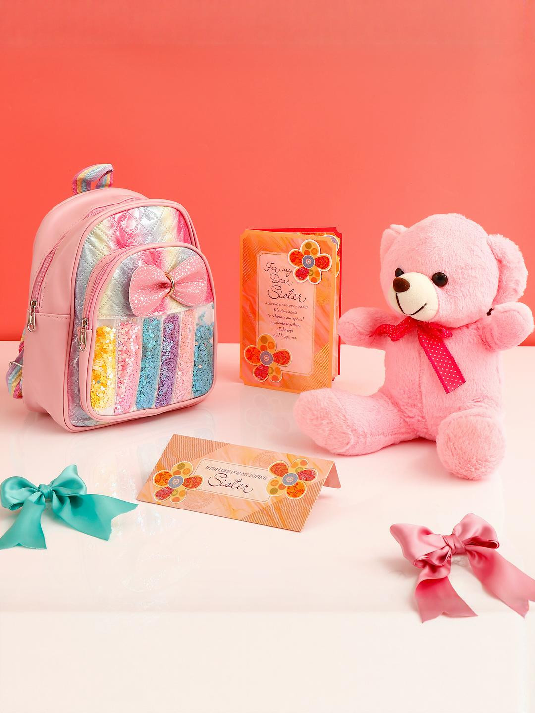 Archies Sequins Shimmer Blue Bag with Pink Teddy & Greeting Card