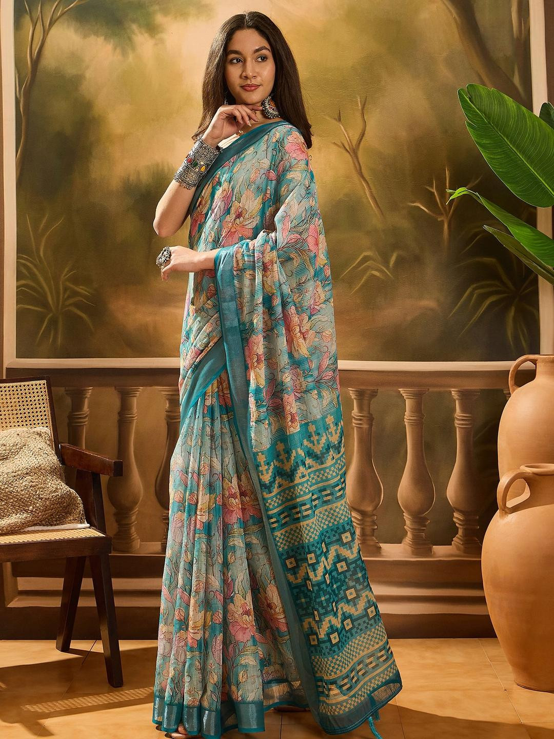 HERE&NOW Floral Digital Printed Zari Saree
