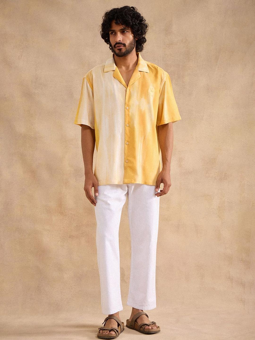 neopalms Men Comfort Relaxed Fit Dyed Cuban Collar Casual Shirt