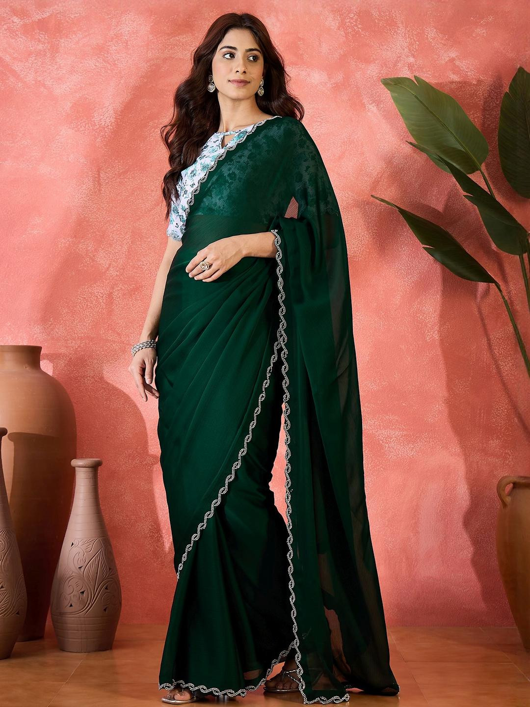 HERE&NOW Beads and Stones Embellished Jarkan Cutwork Saree