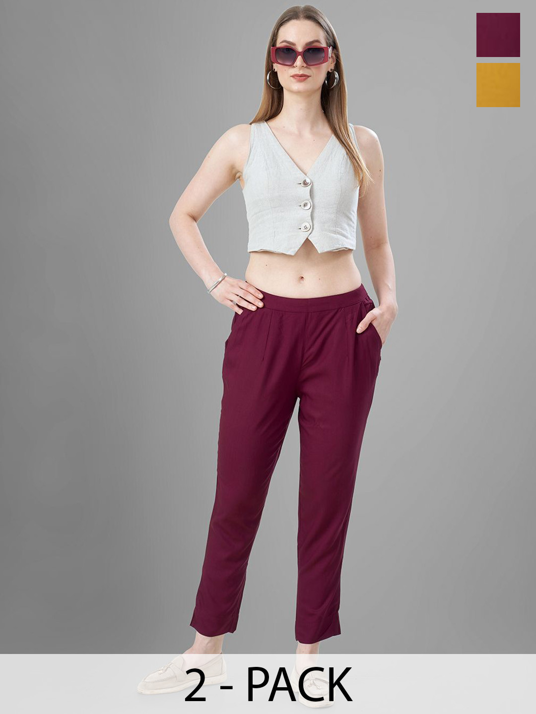 T19 Women Pack Of 2 Relaxed Straight Fit Mid-Rise Trousers