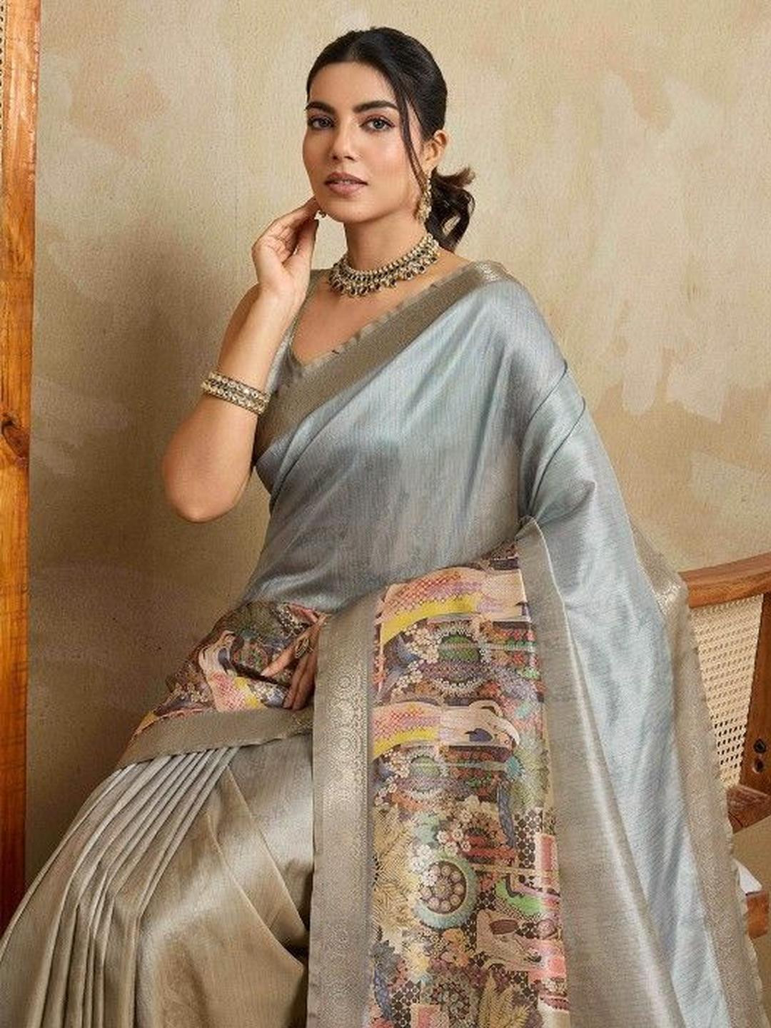 KARAGIRI Beige Ombre Silk Blend Kalamkari Printed Saree With Tassels