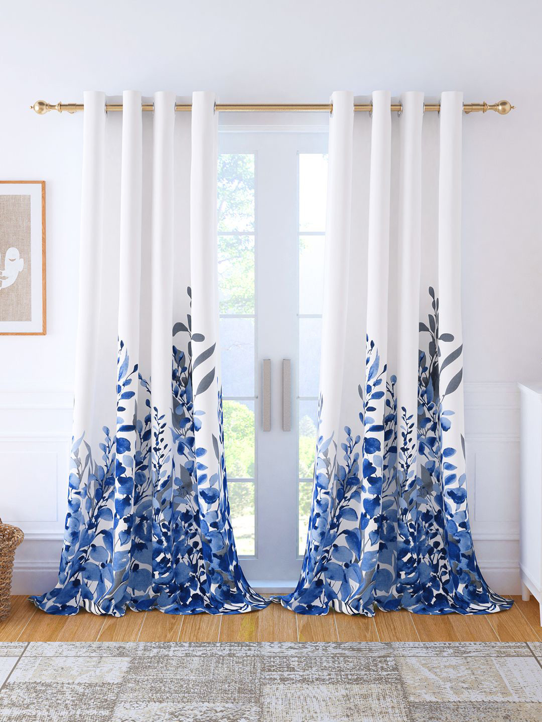 Story@home Bohemian White & Blue 2 Pieces Floral Cotton Room Darkening Long Door Curtains