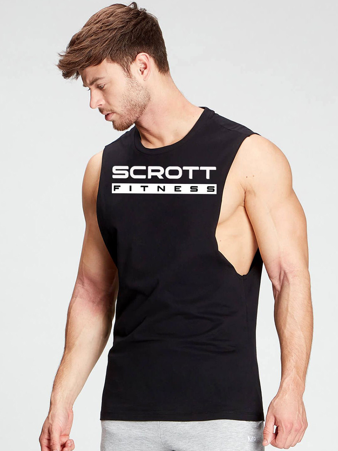 SCROTT FITNESS Printed Round Neck Cotton Gym Vest PRINTED/VEST/MEN/BLACK/S