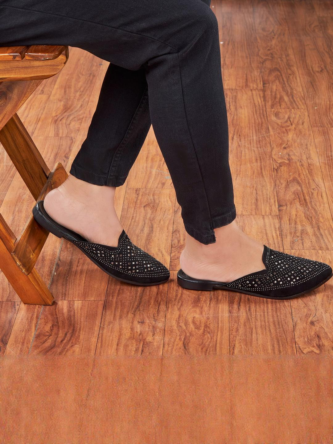 citaali Embellished Black Pointed Toe Mules