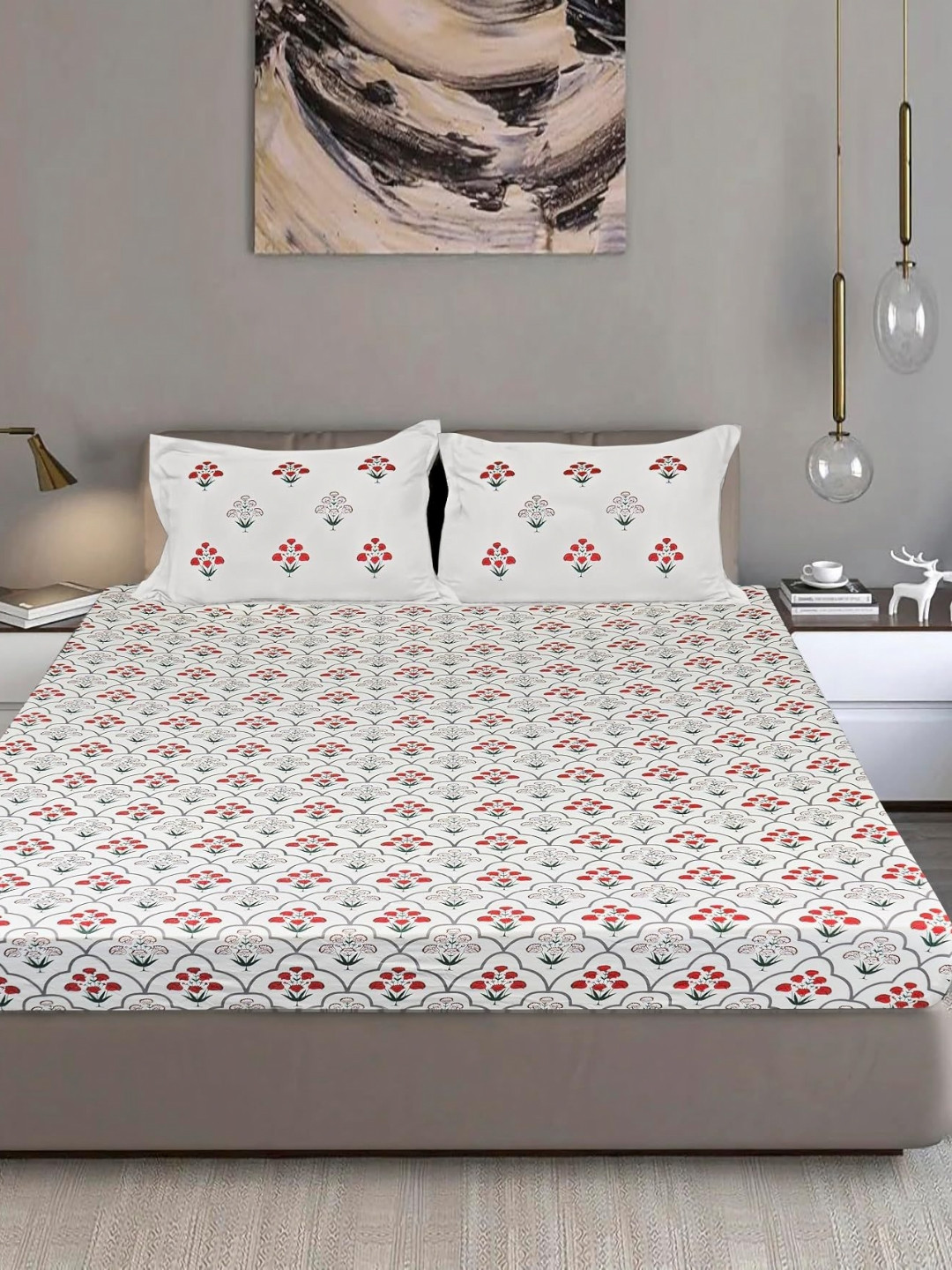 Bodycomfy Jersey White Printed Cotton Fitted 400 TC King Bedsheet Set 1.98m x 1.8m