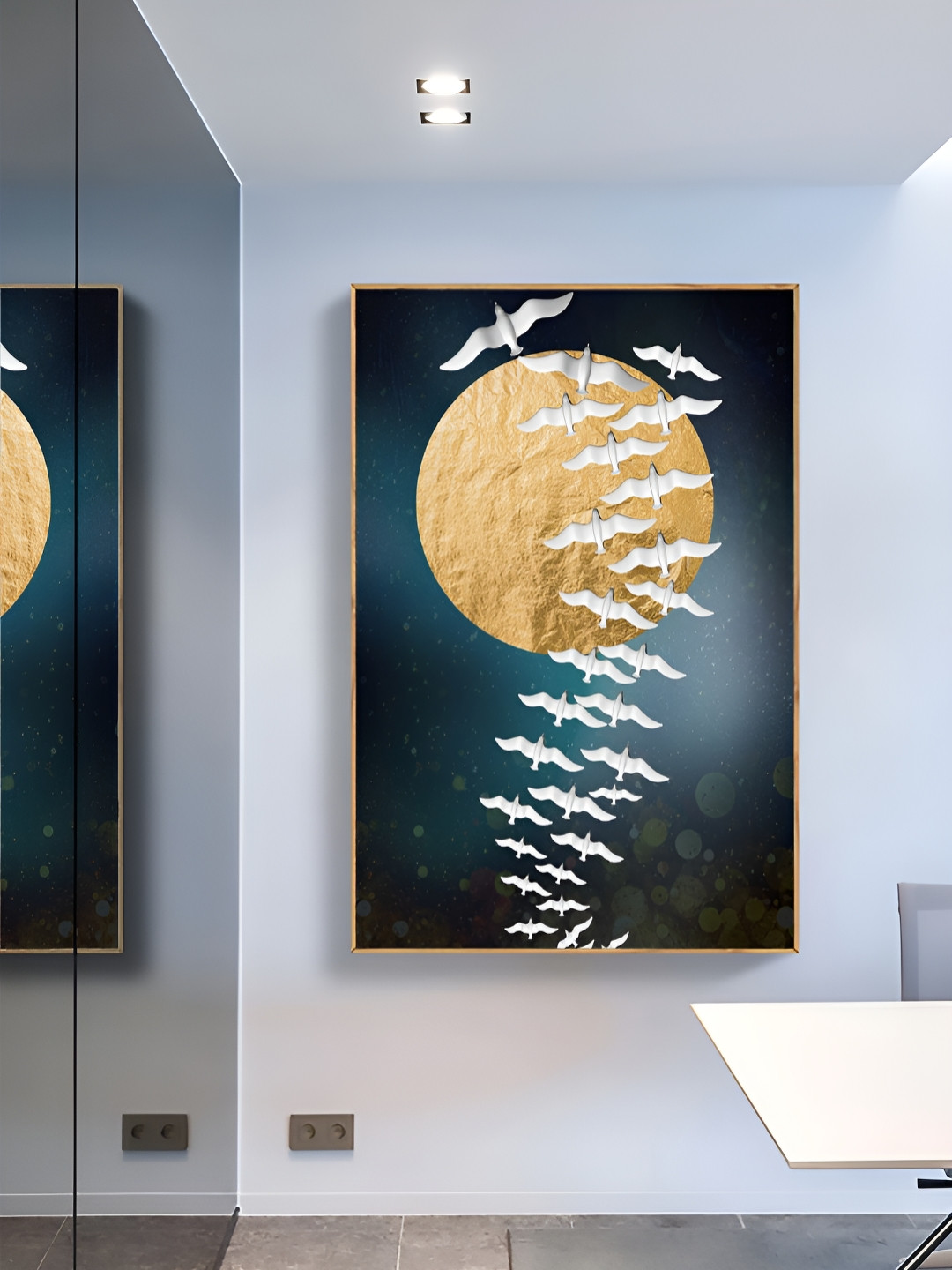 Myntra Elegant Homes Gold-Toned & White Fying Moon Bird Framed Canvas Wall Art