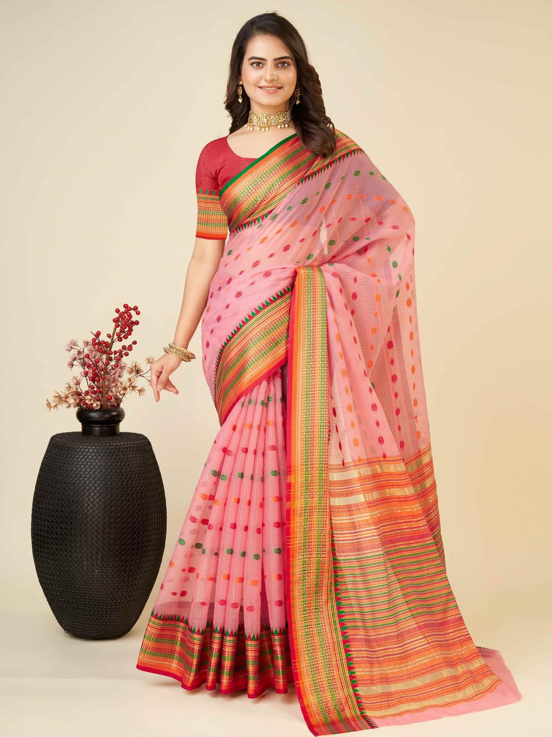 VARNI FABRICS Floral Silk Blend Designer Ikat Saree