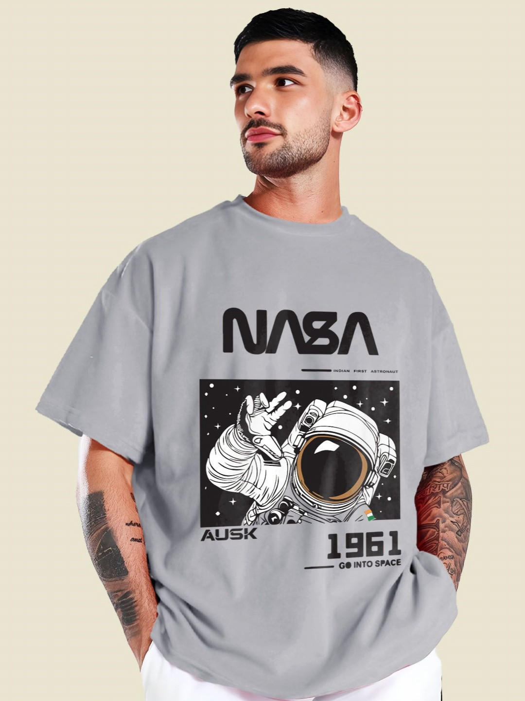 THE BEETEL HOUSE Men NASA Typography Printed Round Neck Cotton Oversized T-shirt