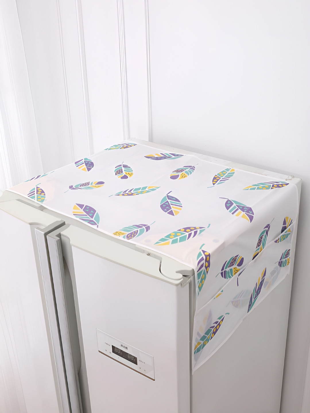 HOKIPO White & Blue Boho Feathers Waterproof Small Fridge Cover With 6 Side Pockets