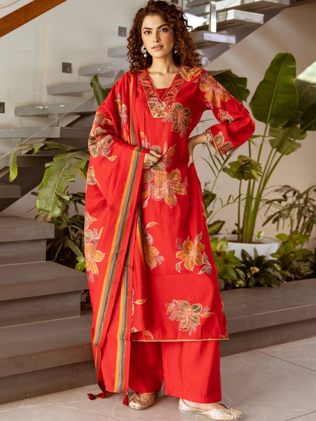 AUTUMN LANE Kabool Mahagony Floral Printed V-Neck Mirror Work Kurta With Palazzo & Dupatta