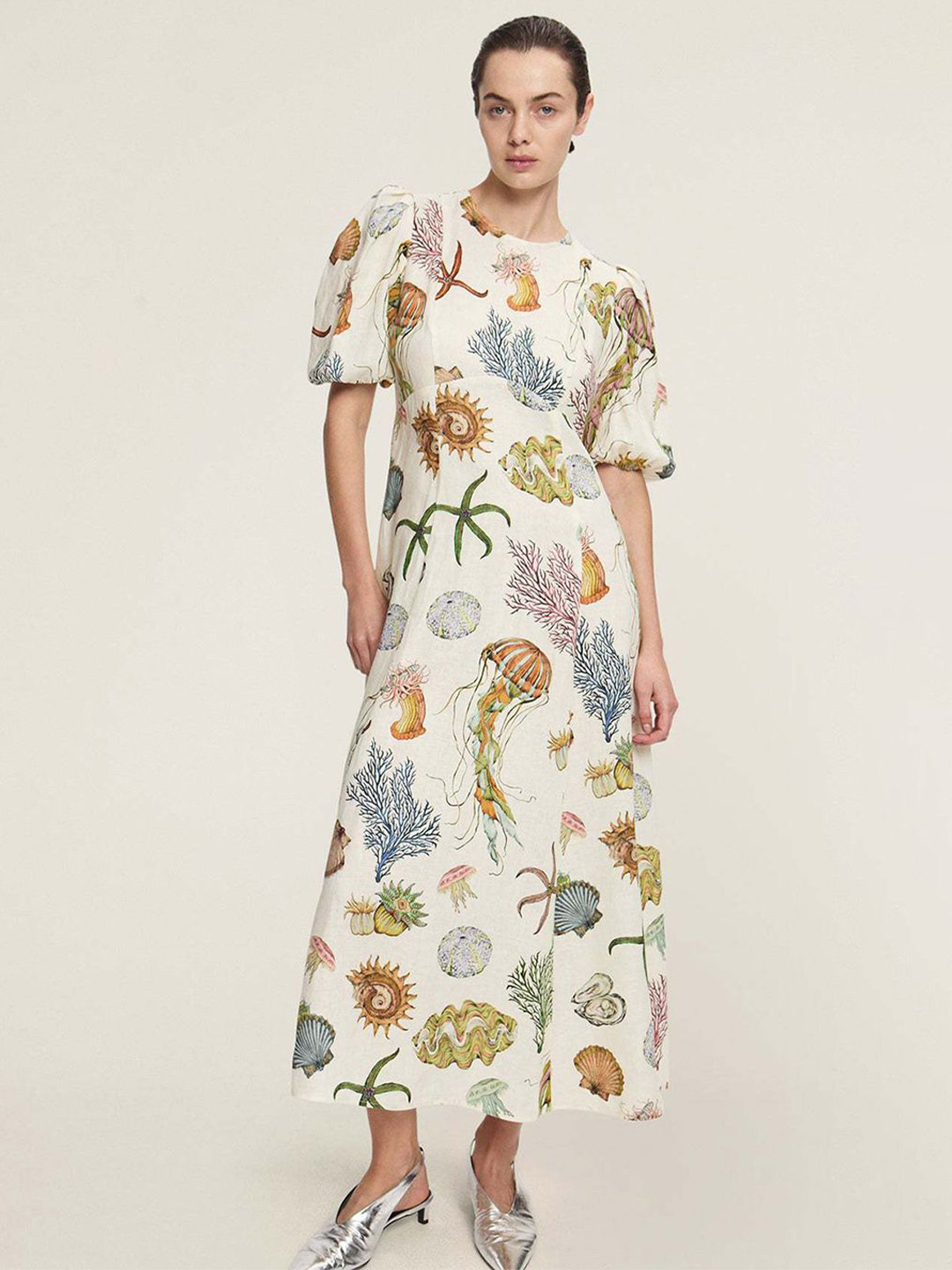 JC Mode Women Conversational Print Puff Sleeve Maxi Dress