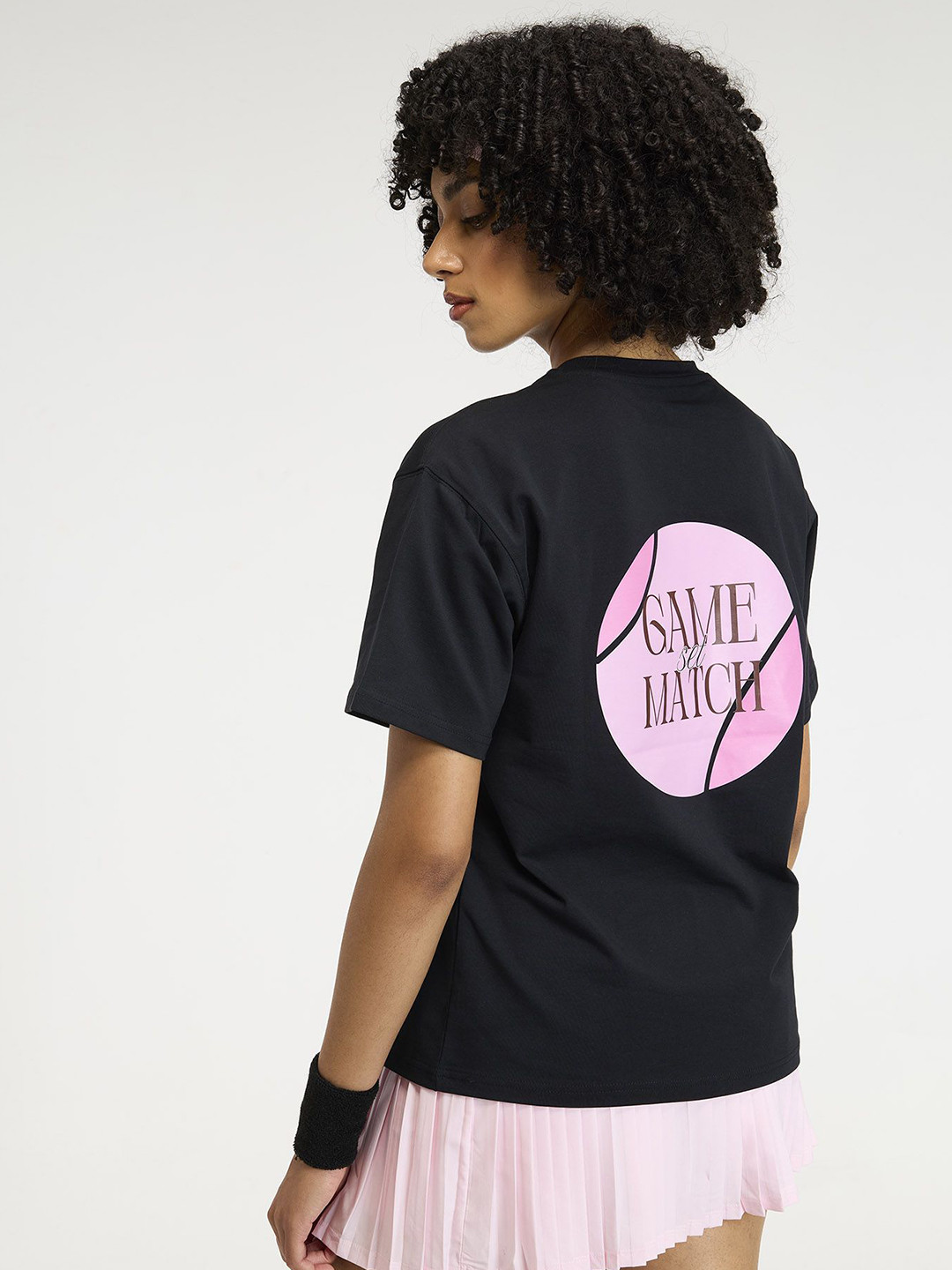 CAVA Women Black Serve Side Oversized Printed Cotton-Spandex Tee