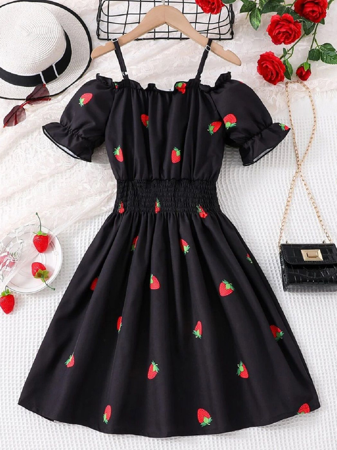 YK Girls Floral Printed Off-Shoulder Fit & Flare Midi Dress