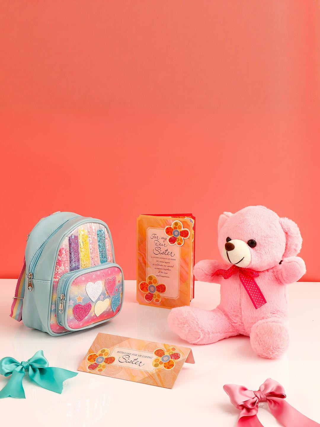 Pink Bow Shimmer Bag with White Teddy and Greeting Card
