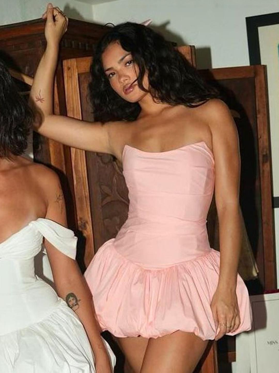 MIAKEE Women Strapless Bandeau Mini Dress With Ruched Details