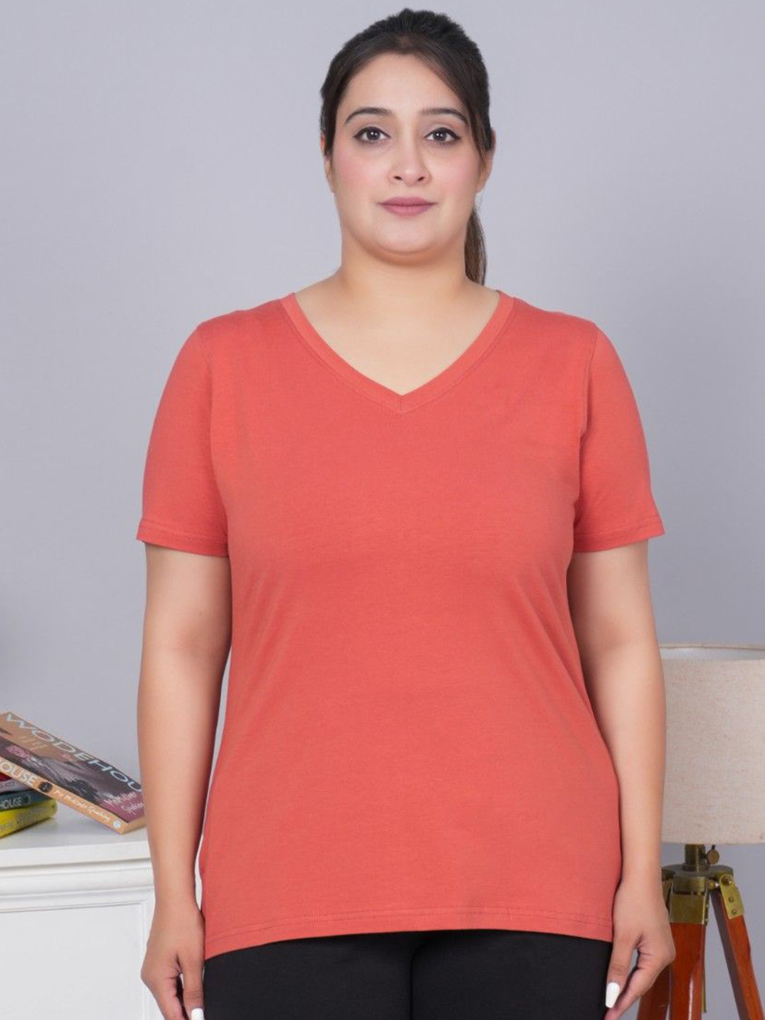 Mlada Women Causal Relaxed Fit V-Neck Half Sleeves Solid Cotton Tshirt