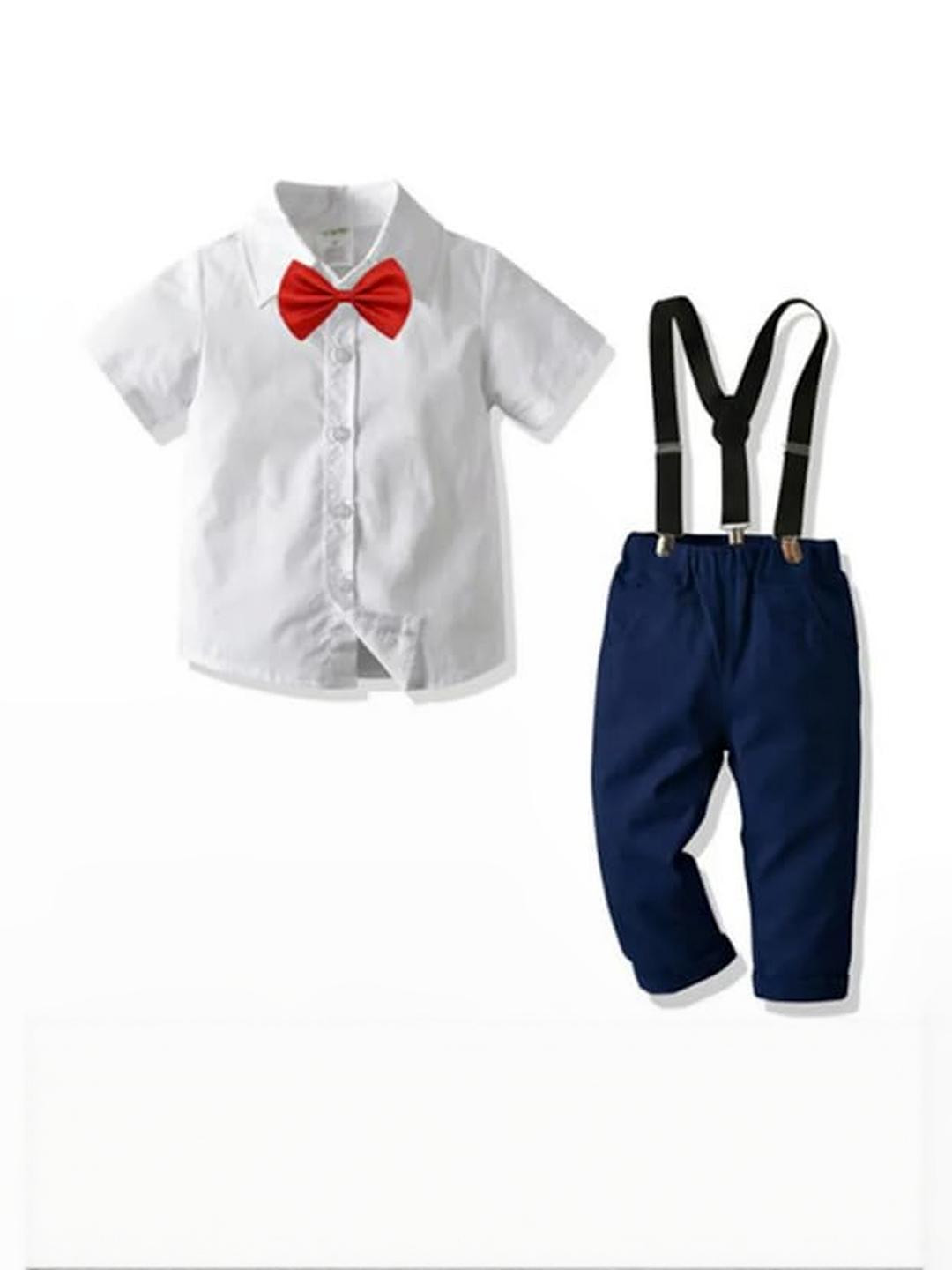 Cosmickolors Kids Half Sleeves Shirt and Suspender Style Pant with Bow Tie