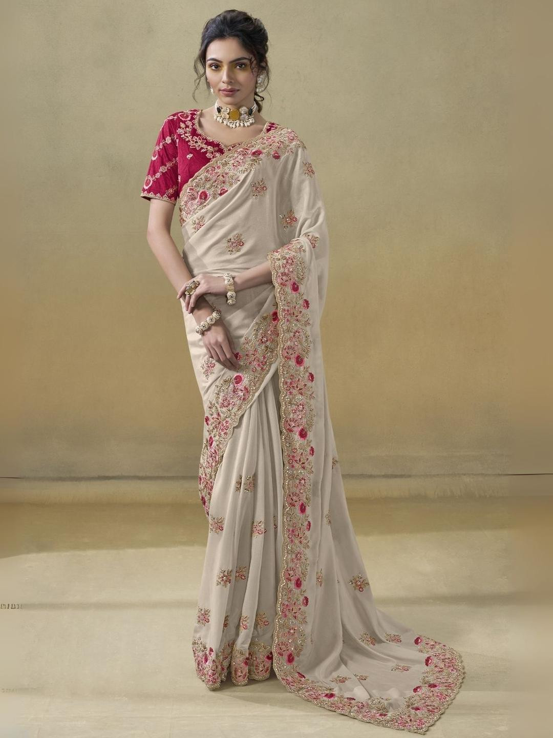 ODETTE Cream Georgette Embroidered Elegant Saree For Women