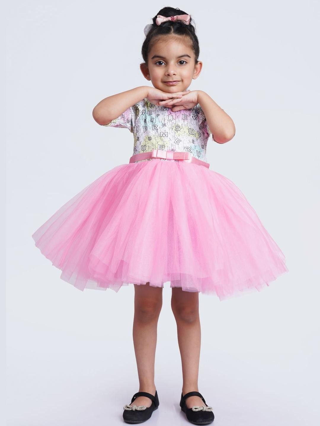Toy Balloon Girls Typography Printed Flared Sleeve Fit & Flare Dress