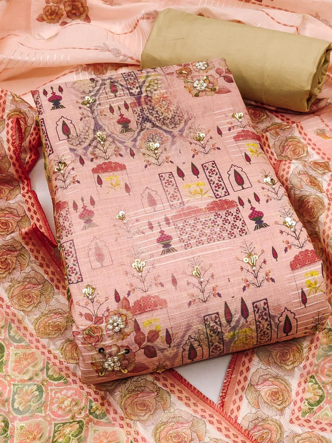 Maroosh Floral Printed Sequinned Cotton Banrasi Unstitched Dress Material