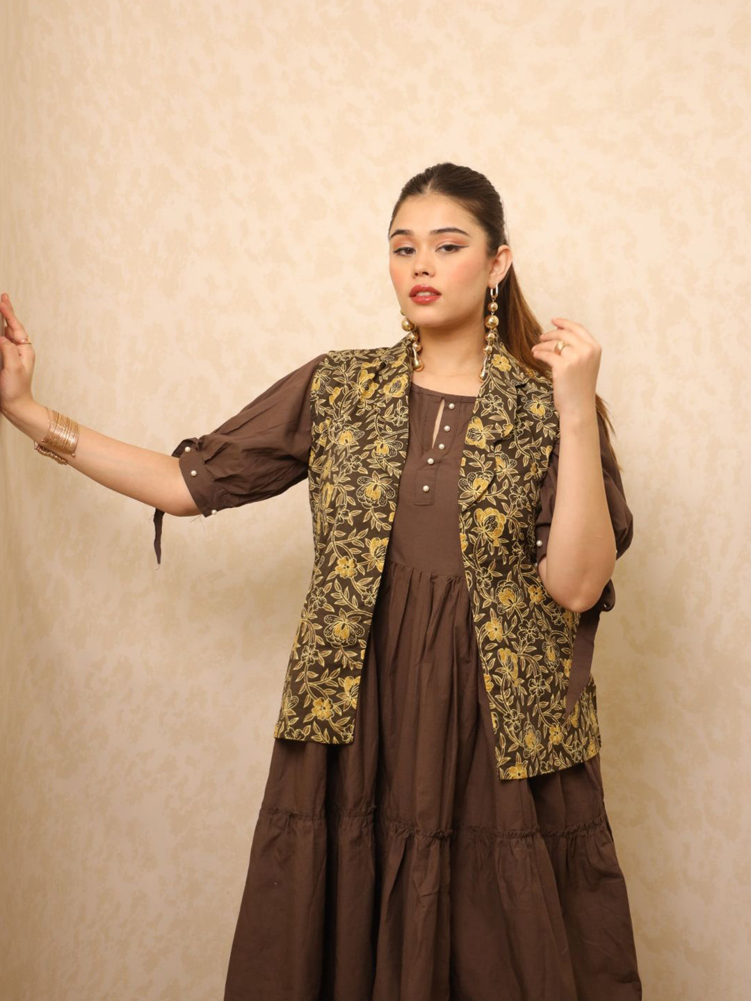 Swadeshi Shringaar Women Cotton Coffee Dress With Handblock Jacket