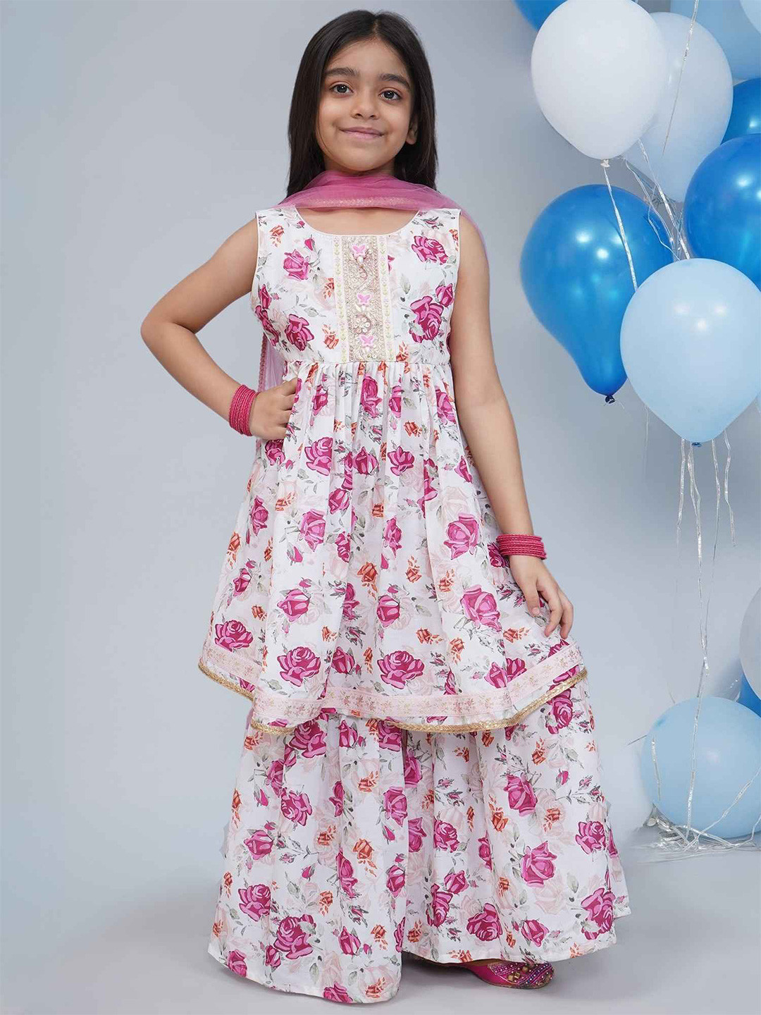 Little Bansi Girl Floral Printed Sequinned Muslin Sleeveless Cotton Kurta Set With Dupatta