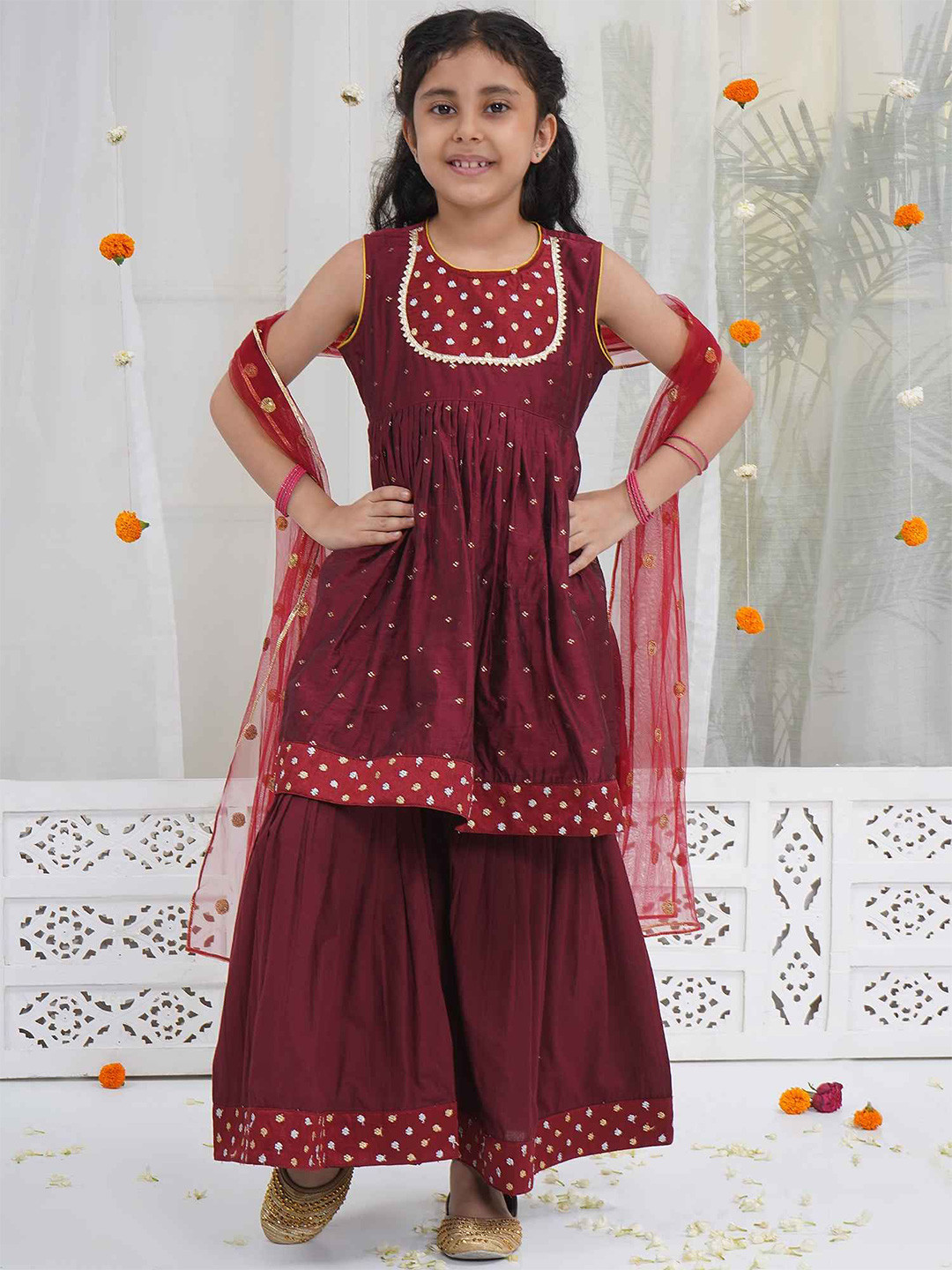 Little Bansi Girls Chanderi Silk Sleeveless Embrodiery Kurta,& Sharara With Dupatta