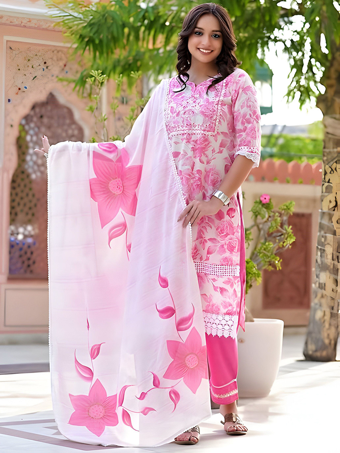 HARIVARNI Floral Printed Notch Neck Thread Work Straight Kurta With Trouser & Dupatta