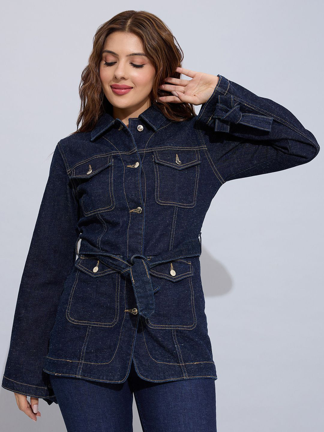 STORMY JEANS Women Spread Collar Solid Lightweight Denim Jacket