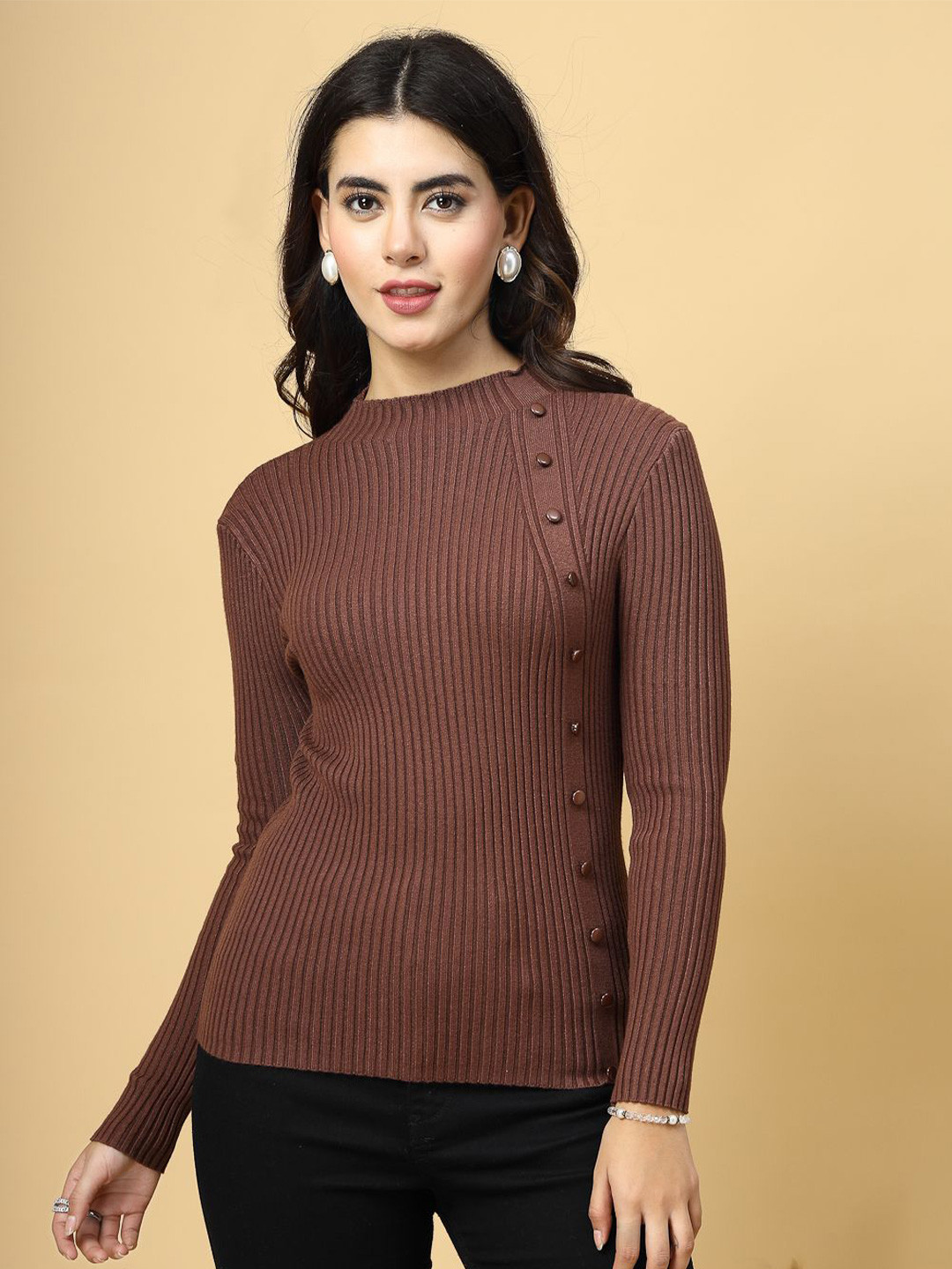 Mafadeny Women Ribbed Pullover with Side Button Detail