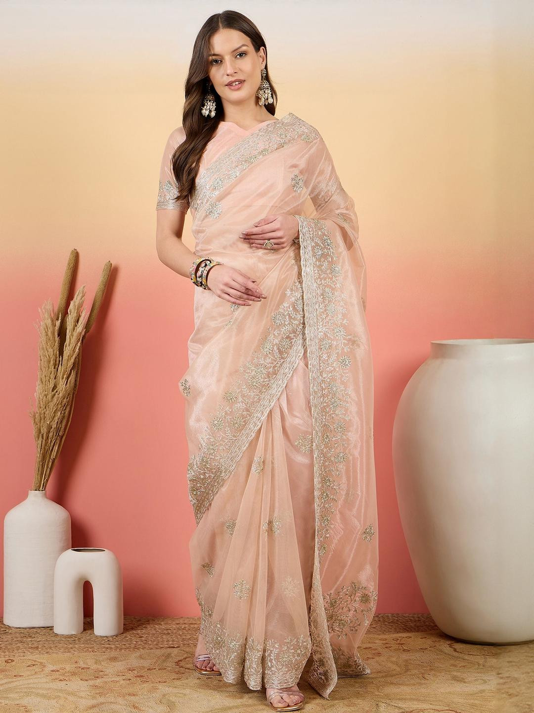 HERE&NOW Floral Beads and Stones Net Heavy Work Banarasi Saree