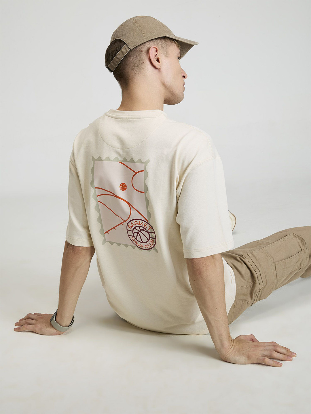 CAVA Men Beige Certified Hoopers Oversized Printed Cotton Tee