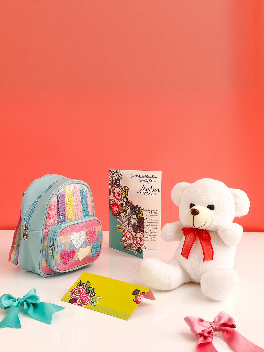 Blue Sweetheart Bag with Brown Teddy and Greeting Card