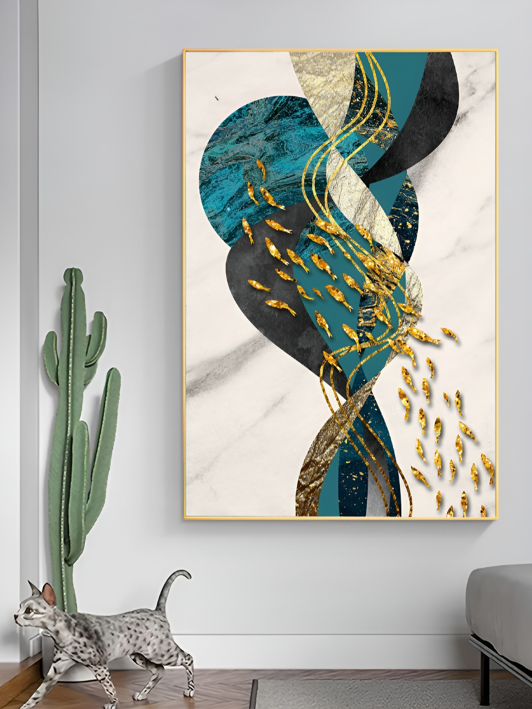 Myntra Elegant Homes Gold-Toned & White Fish Framed Canvas Wall Art