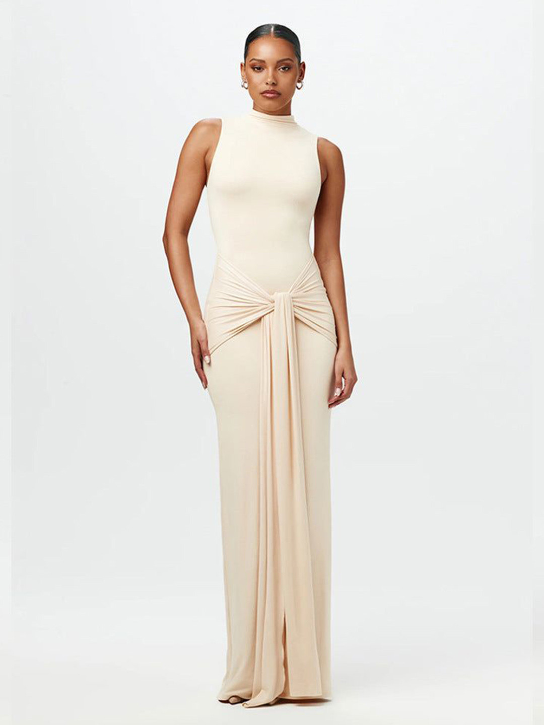 Outzidr Women Solid High Neck Sleeveless Bodycon Maxi Dress