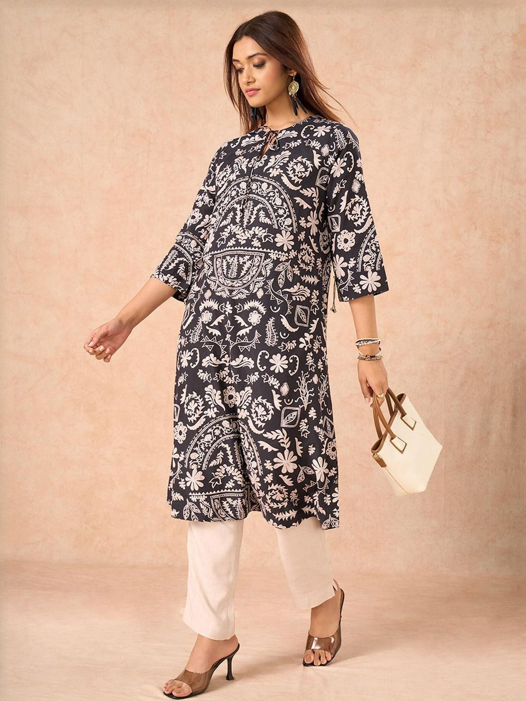 Marigold Lane Women Ethnic Motifs Printed Toe Ups Neck Kurta