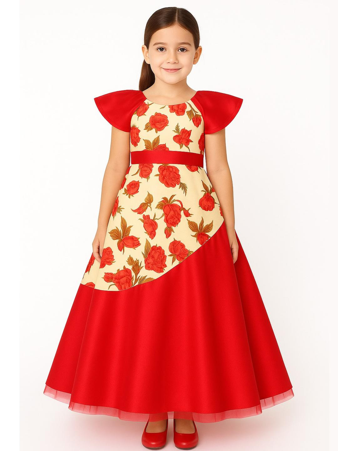 My Lil Princess Girls Cream & Red Floral Print Party Gown