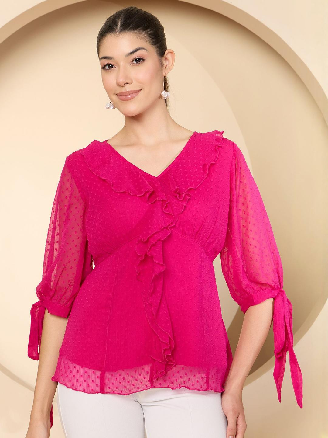 Antheaa Women V-Neck Self Design Slit Sleeves Ruffles Chiffon Top