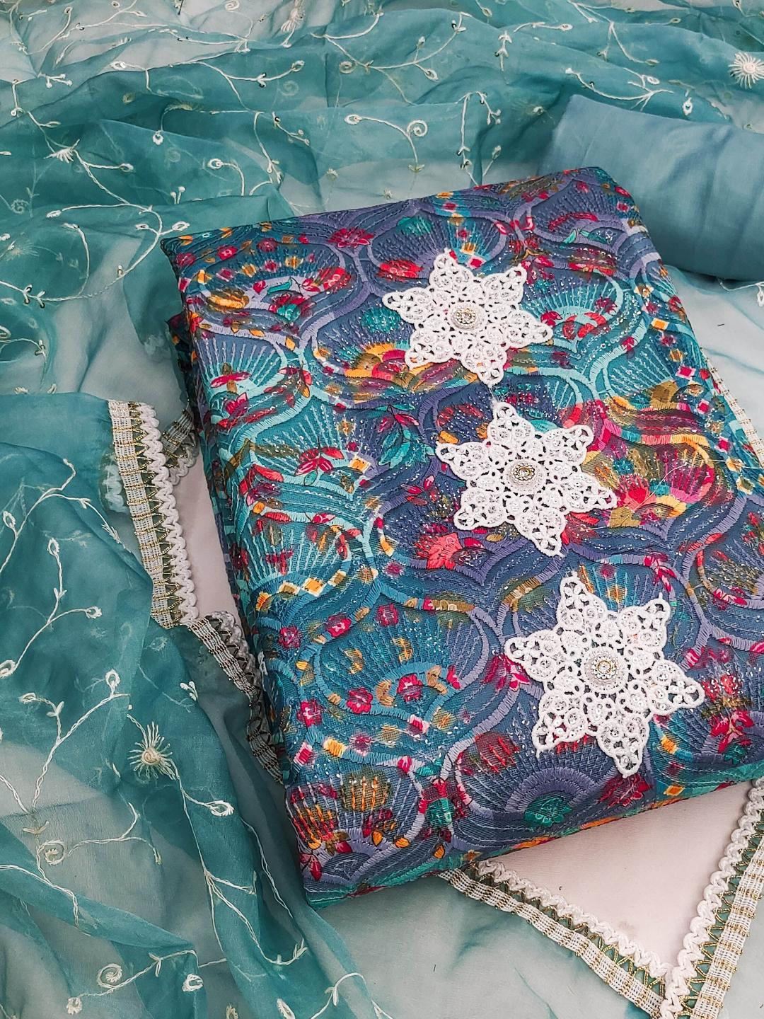 Maroosh Floral Embroidered Patchwork Roman Cotton Unstitched Dress Material