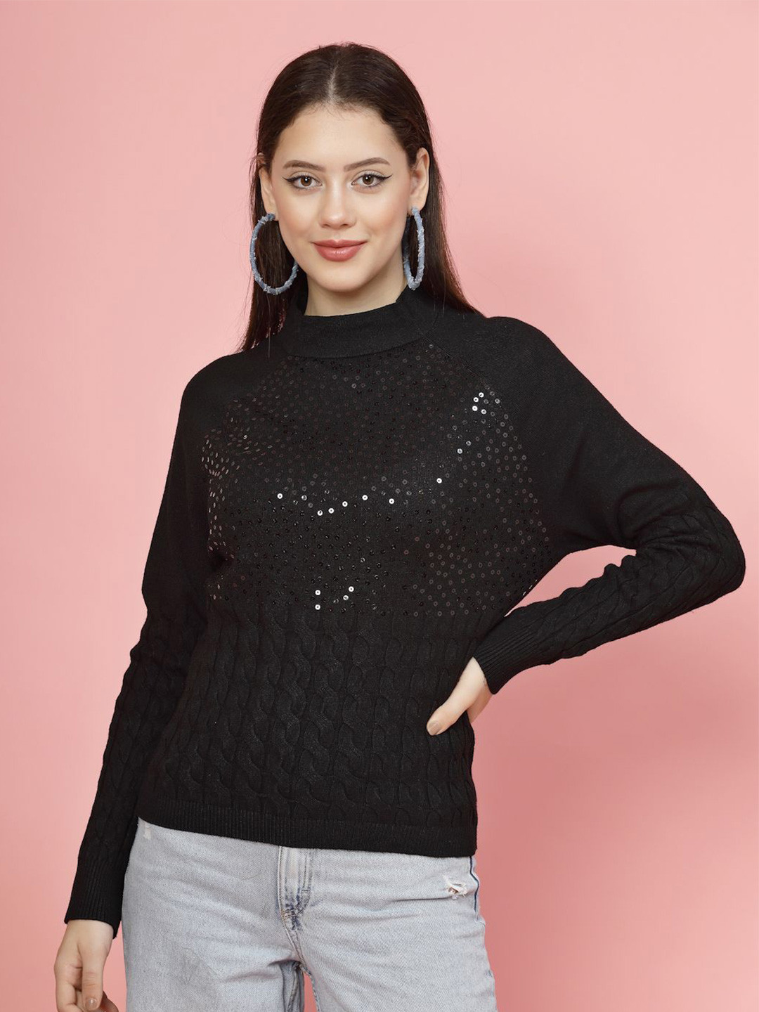 Mafadeny Women's High Neck Sequin Cable Knit Sweater