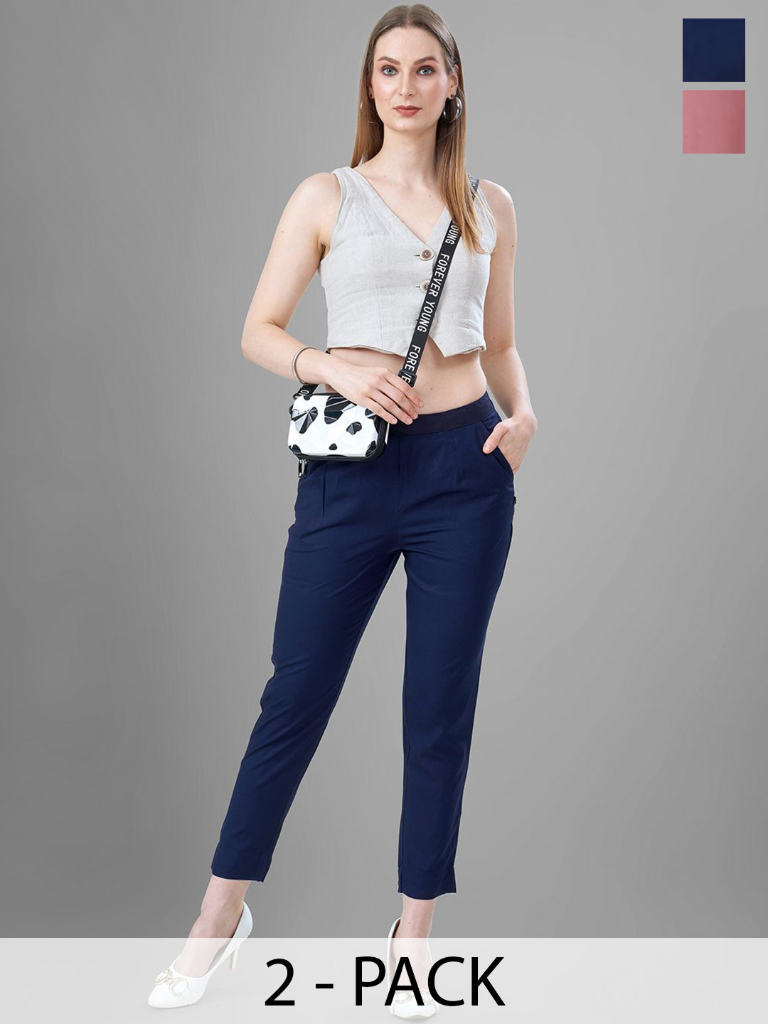 T19 Women Pack of 2 Relaxed Straight Fit Mid-Rise Formal Trousers