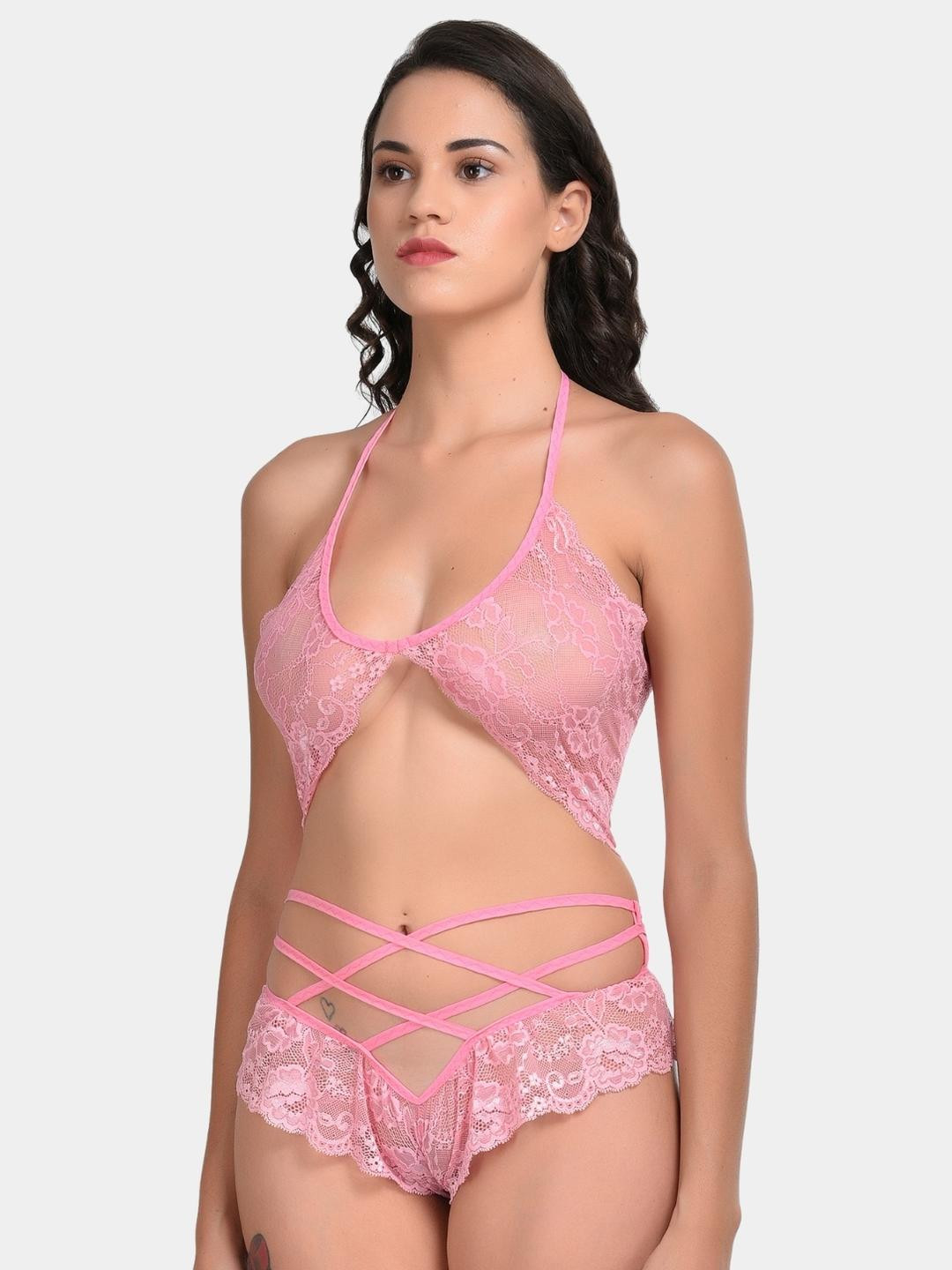 Ribald The Neech Halter Neck Floral Lace Bralette with Criss-Cross Strap Cheeky Panty Set