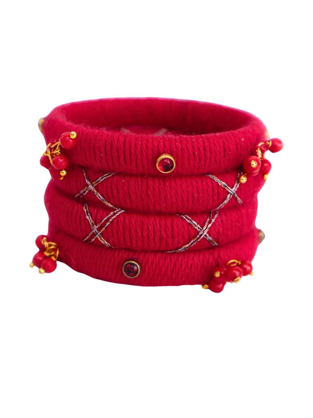 Kamule Girls Red Cotton Thread Stone Embedded Pack Of 4 Bangles