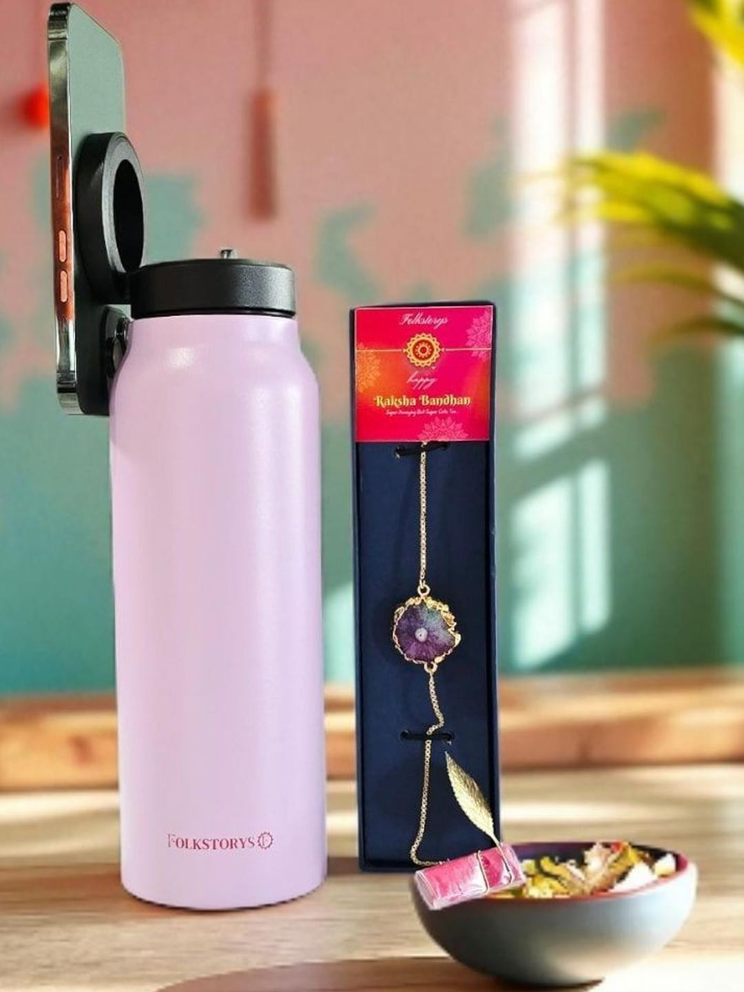 Folkstorys Gemstone Studded Rakhi With Tribot Bottle