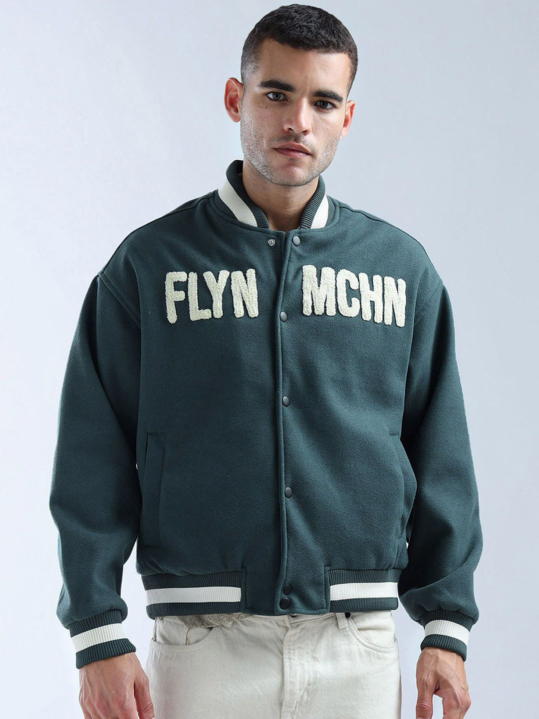 Flying Machine Men Stand Collar Brand Logo Cotton Varsity Jacket