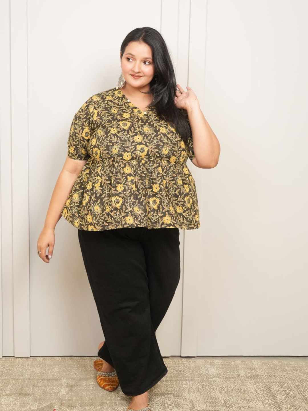 Swadeshi Shringaar Women Black And Mustard Floral Print Cotton Top