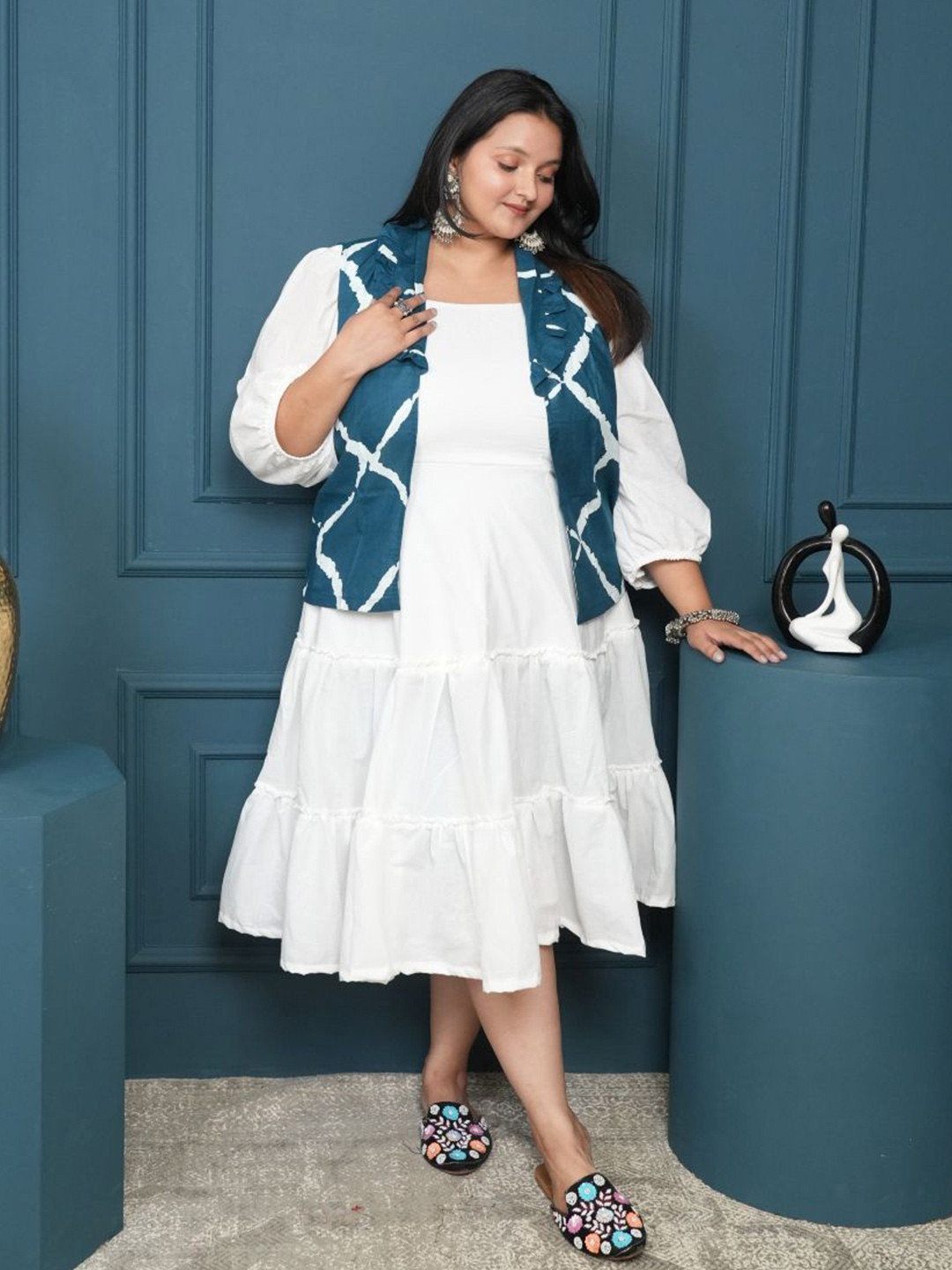 Swadeshi Shringaar Women White Fit and Flare Midi Dress With Blue Printed Jacket